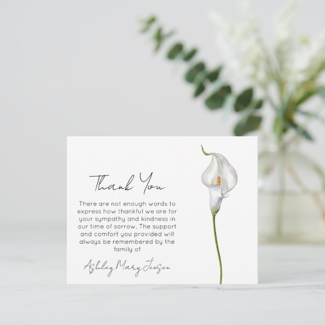 Calla Lily Funeral Thank You Card Bereavement  (Standing Front)