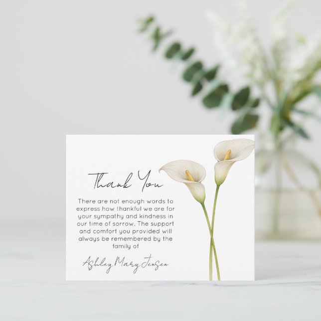 Calla Lily Funeral Thank You Card Bereavement  (Standing Front)