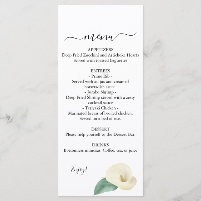 Calla Lily Greenery Wedding Menu (Front)