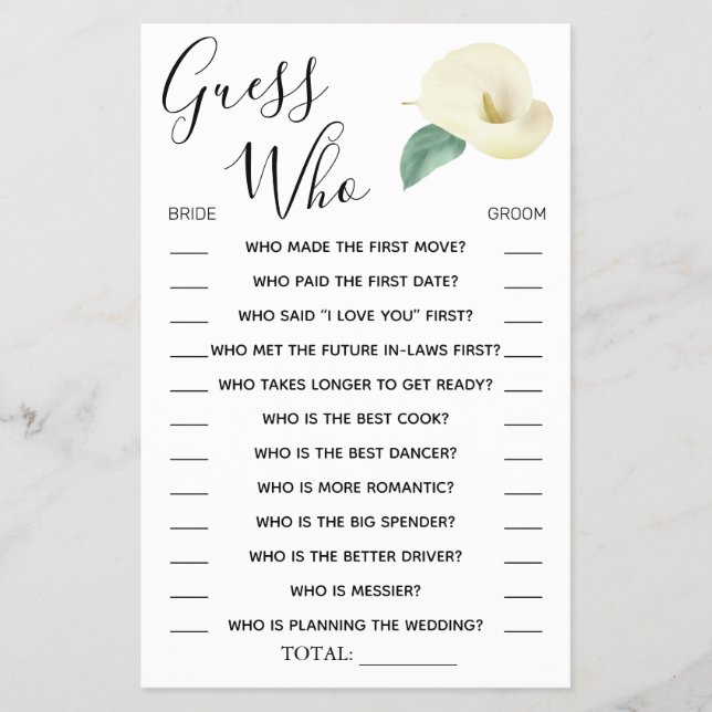 Calla Lily Guess Who Bridal shower game card (Front)