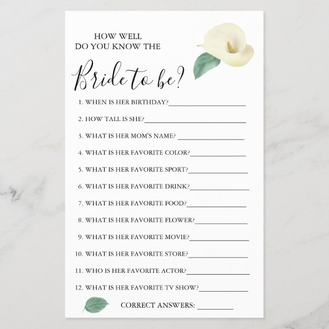 Calla Lily How well do you know bride game card (Front)