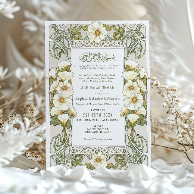 Calla Lily Muslim Wedding Art Nouveau Mucha Invitation (Creator Uploaded)
