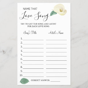 Calla Lily Name that love song shower game card