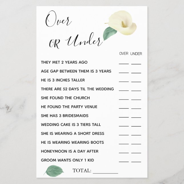 Calla Lily Over or Under Bridal shower game card (Front)
