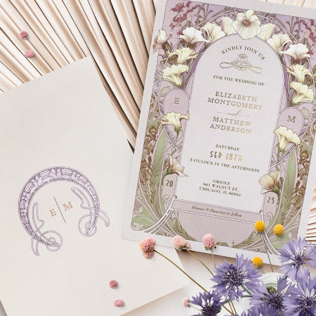 Calla Lily Rose Gold Foil Wedding Invitation Mucha (Creator Uploaded)