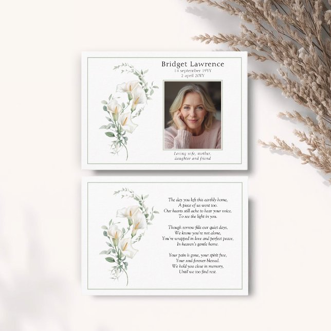 Calla Lily Sage Green Memorial Photo Prayer Card (Creator Uploaded)
