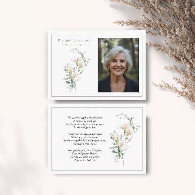 Calla Lily Sage Green Memorial Photo Prayer Card (Creator Uploaded)
