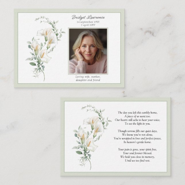 Calla Lily Sage Green Memorial Photo Prayer Card (Front/Back)