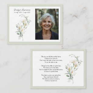 Calla Lily Sage Green Memorial Photo Prayer Card