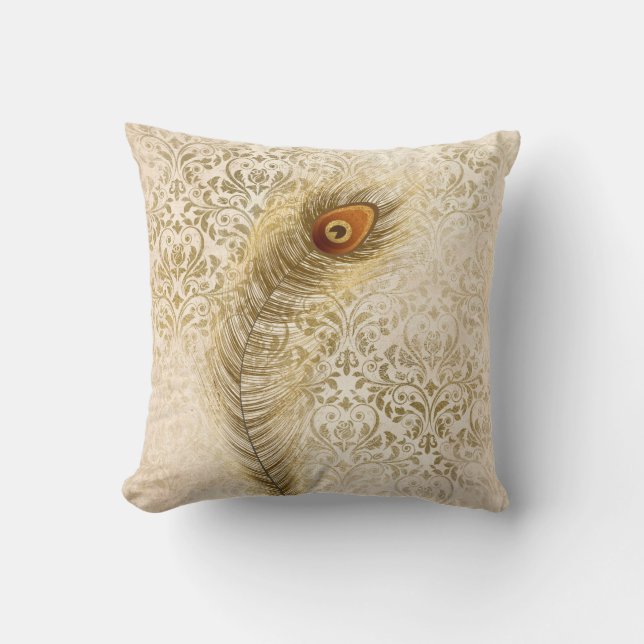 Calla Peacock Feather Gold Damask Vintage Cushion (Front)