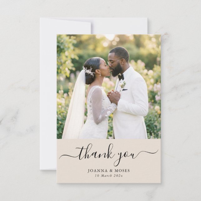 Calligrapgy Script Modern Photo Wedding Thank You Card (Front)