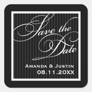 Calligraphic Black Pinstripe Save the Date Square Sticker