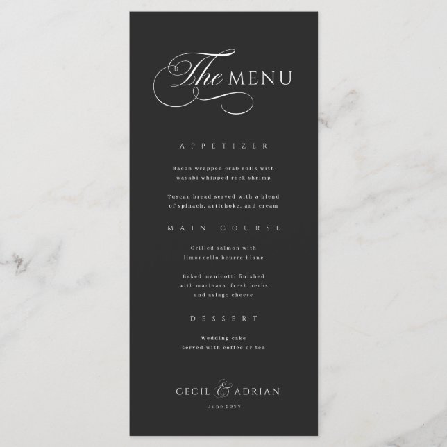 Calligraphic Elegant Black Wedding Menu (Front)