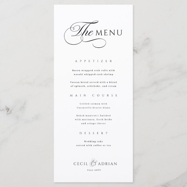 Calligraphic Elegant Black White Wedding Menu (Front)