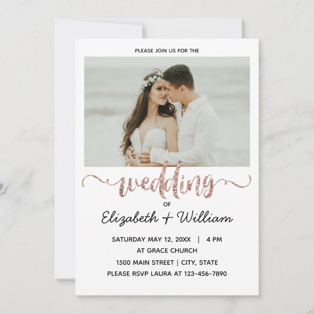 Calligraphic Rose Gold Glitter Wedding Photo  Invitation (Front)