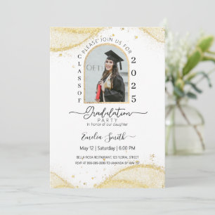 Calligraphic White gold glitter Photo Graduation  Invitation