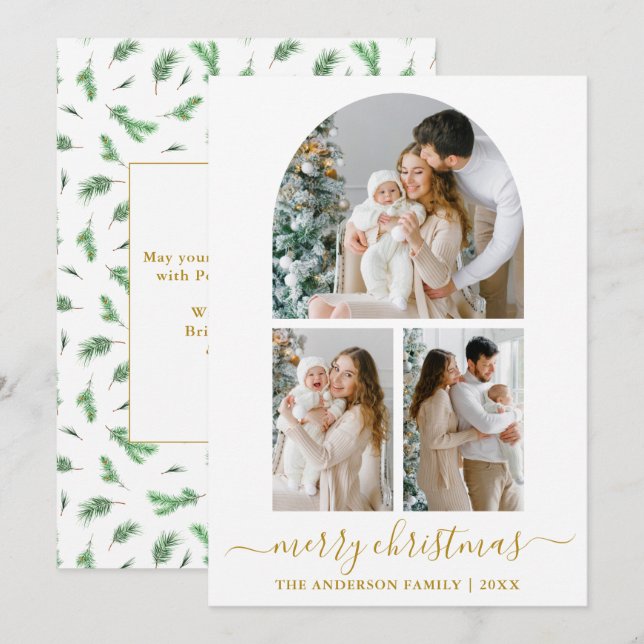 Calligraphy 3 Photo Arch Watercolor Pines Gold Holiday Card (Front/Back)
