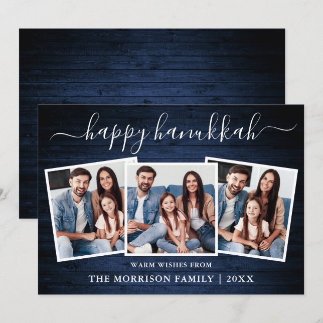 Calligraphy 3 Photo Blue Wood Happy Hanukkah Holiday Card (Front/Back)
