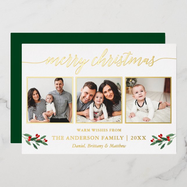 Calligraphy 3 Photo Christmas Holly Green Gold (Front/Back)