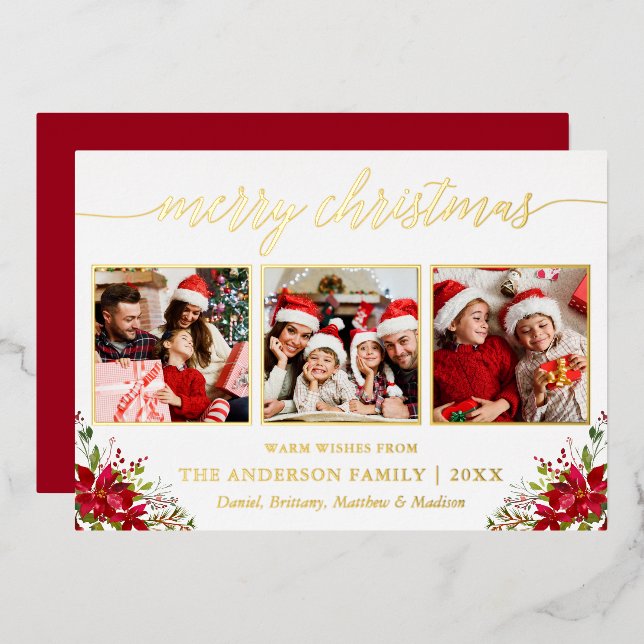 Calligraphy 3 Photo Christmas Poinsettia Gold (Front/Back)