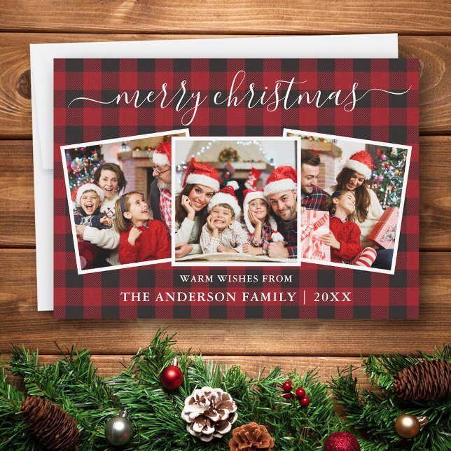 Calligraphy 3 Photo Christmas Red Buffalo Plaid Holiday Card (Customize to change text size or text style.)