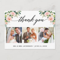 Calligraphy 3 Photo Pink Floral Wedding Thank You