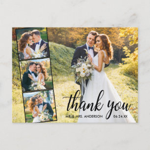 Calligraphy 4 Photo Collage Wedding Thank You Postcard
