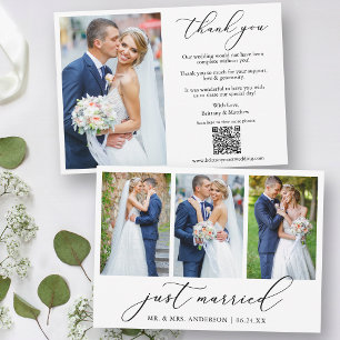 Calligraphy 4 Photo Just Married QR Code Wedding Thank You Card