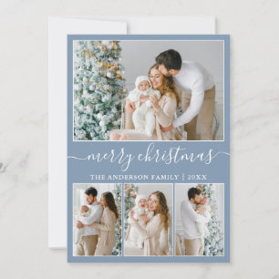 Calligraphy 4 Photo Merry Christmas Dusty Blue Holiday Card