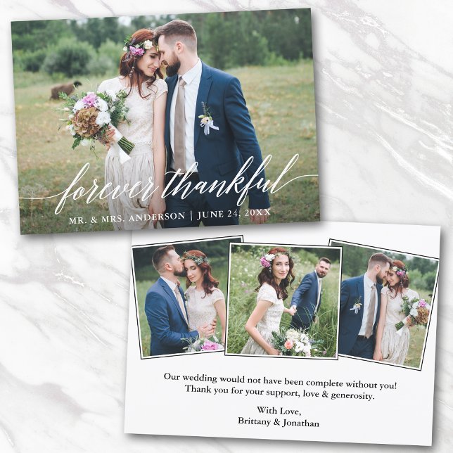 Calligraphy 4 Photos Forever Thankful Wedding Thank You Card (Customize to change your personalized text size or text style.)