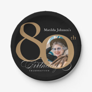 Calligraphy 80th Birthday Elegant Gold Black Photo Paper Plate