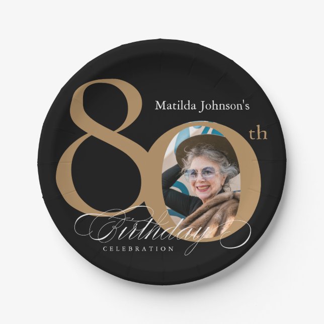 Calligraphy 80th Birthday Elegant Gold Black Photo Paper Plate (Front)