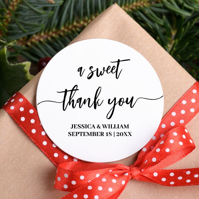calligraphy a Sweet Thank You wedding favour Classic Round Sticker (Creator Uploaded)