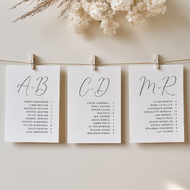 Calligraphy Alphabetical Wedding Seating Card (Elegant Calligraphy Alphabetical Wedding Seating Chart Card)