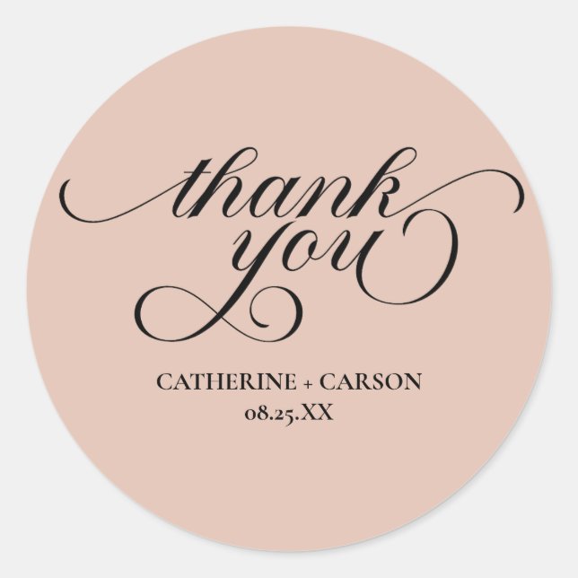 Calligraphy Beige Wedding Thank You Stickers (Front)