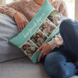 Calligraphy Best Friends Forever Photo Collage Lumbar Cushion<br><div class="desc">Brighten up your besties day and her home with this gorgeous 'best friends forever' photo collage lumber pillow. Features a teal background, which can be changed to any colour, 4 square pictures that can easily be downloaded from your computer or phone, handwritten calligraphy script text 'best friends forever', the year...</div>
