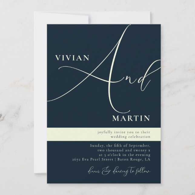 Calligraphy Big Bold "And" Navy Blue Wedding Invitation (Front)