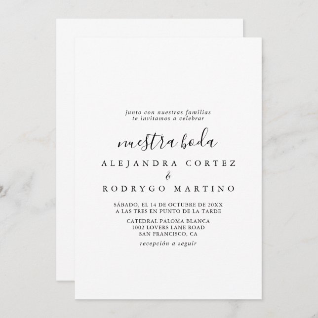 Calligraphy Black and White Nuestra Boda Wedding  Invitation (Front/Back)