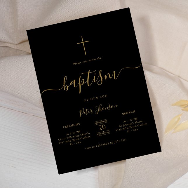 Calligraphy Black & Gold Gender Neutral Baptism Invitation (Creator Uploaded)