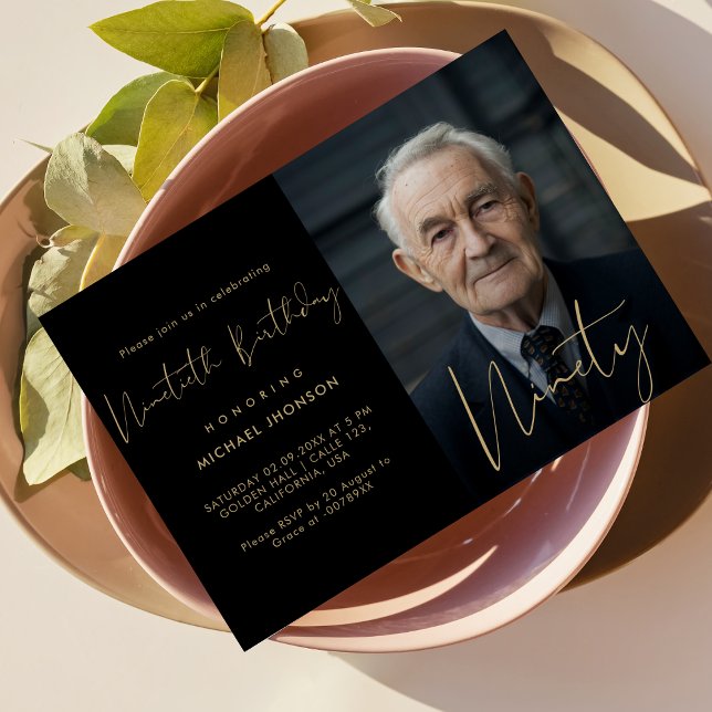 Calligraphy Black & Gold Ninetieth Photo Birthday Invitation (Creator Uploaded)