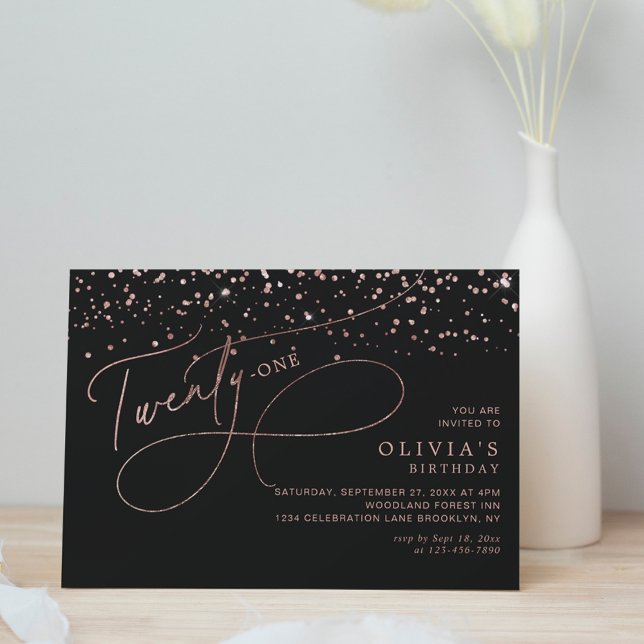 Calligraphy Black Rose Gold Confetti 21st Birthday Invitation (Creator Uploaded)