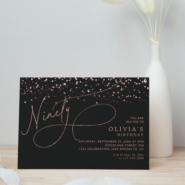 Calligraphy Black Rose Gold Confetti 90th Birthday Invitation (Creator Uploaded)
