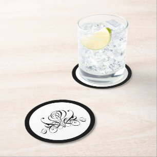 Calligraphy Black Rose Wedding Round Paper Coaster