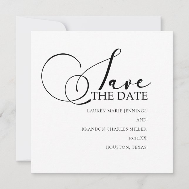 Calligraphy Black White Wedding Photo Save The Date (Front)