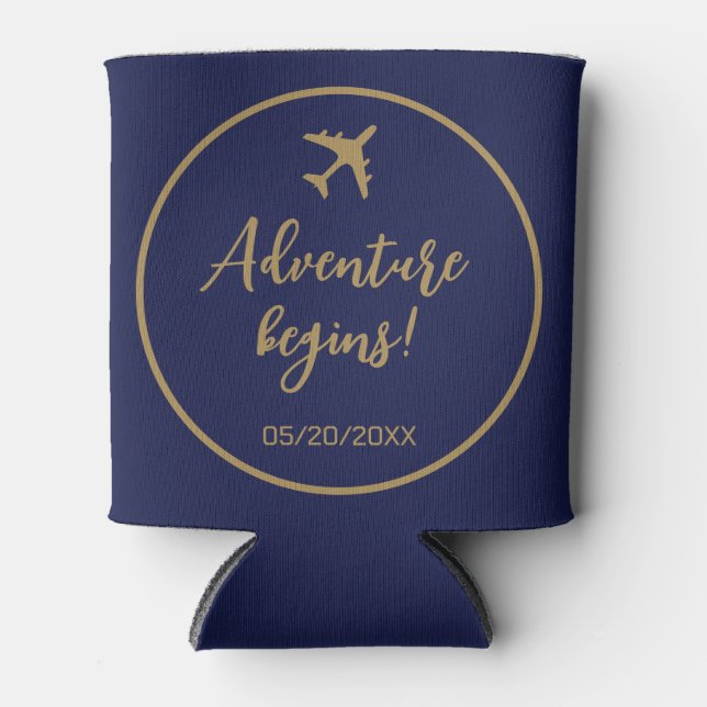 Calligraphy Blue And Gold Boarding Pass Wedding Can Cooler (Front)