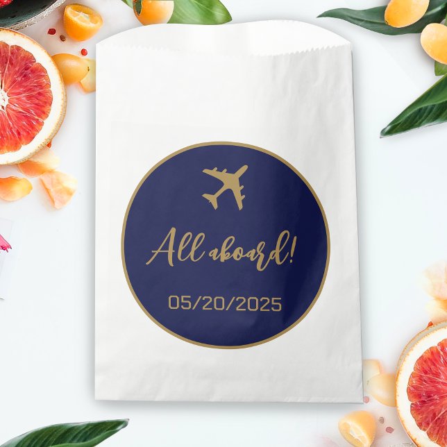 Calligraphy Blue And Gold Boarding Pass Wedding Favour Bags (Boarding Pass Wedding Favor Bag)