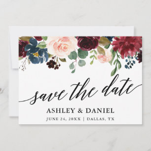 Calligraphy Blue Burgundy Save The Date Card
