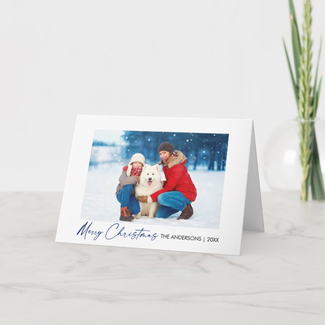Calligraphy Blue Ink Script Christmas Fold Photo Holiday Card (Front)