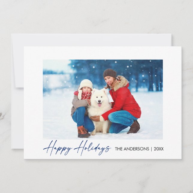 Calligraphy Blue Ink Script Happy Holidays Photo Holiday Card (Front)