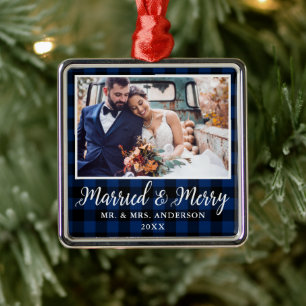 Calligraphy Blue Plaid Married and Merry Metal Tree Decoration
